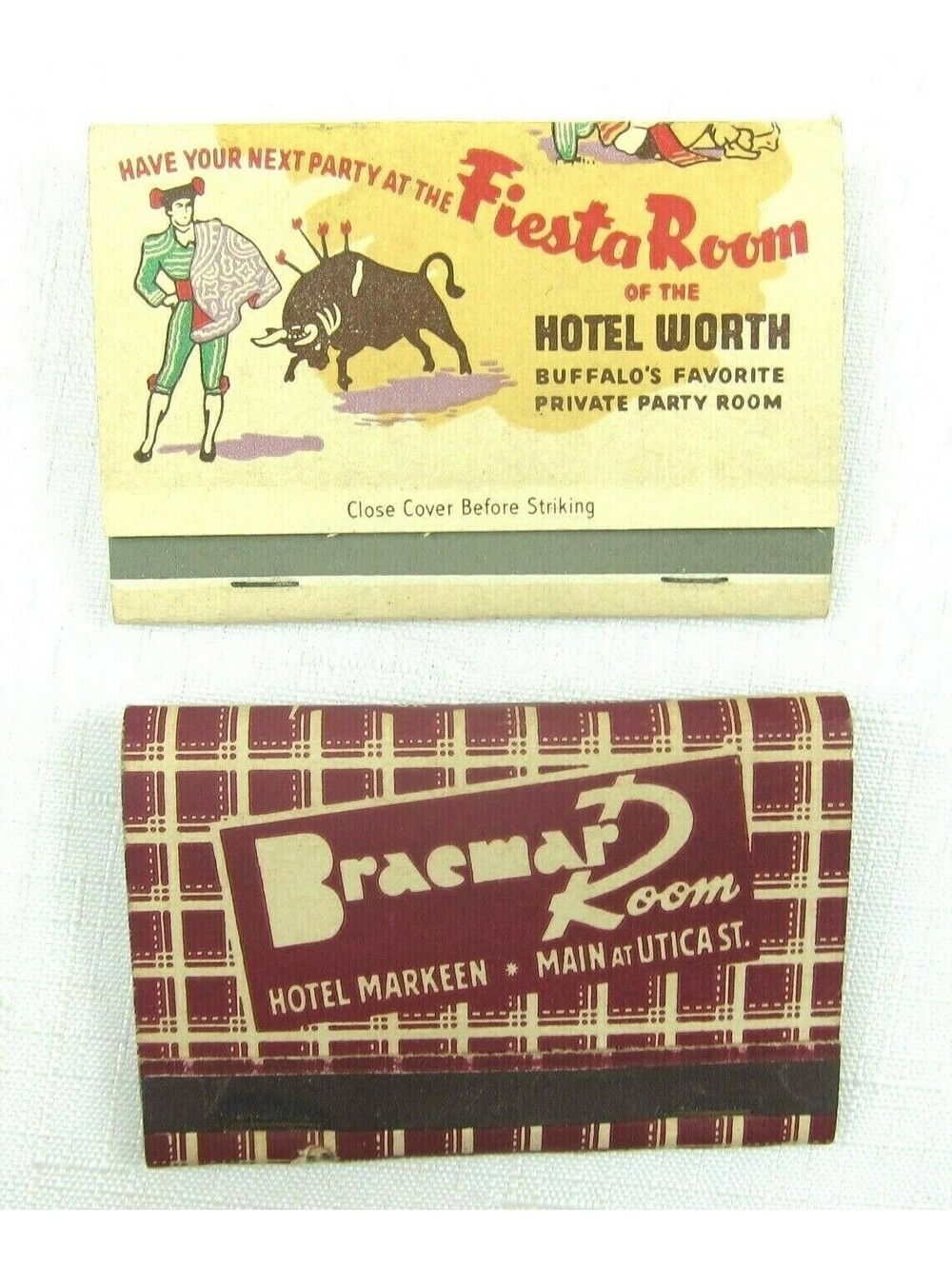 2 Vintage Matchbooks FULL Hotel Worth Fiesta Room, Hotel Markeen Braemar Room NY